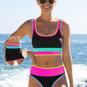 Vibrant 3-Piece Bikini Set in Black, Pink, and Green